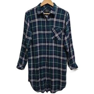 Rails Shirt Dress M Bianca Forest Green Navy White Plaid Flannel Button Long Slv